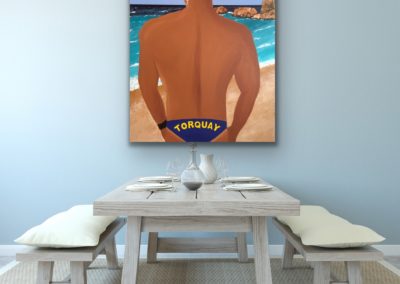 Colourful original art for sale of a Lifeguard Patrolling on Torquay Beach