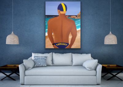 Colourful original art for sale of a Lifeguard Patrolling on Torquay Beach