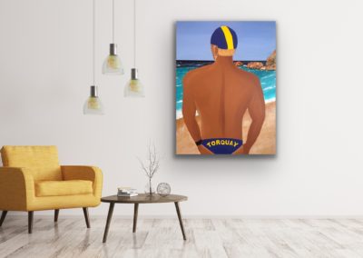 Colourful original art for sale of a Lifeguard Patrolling on Torquay Beach